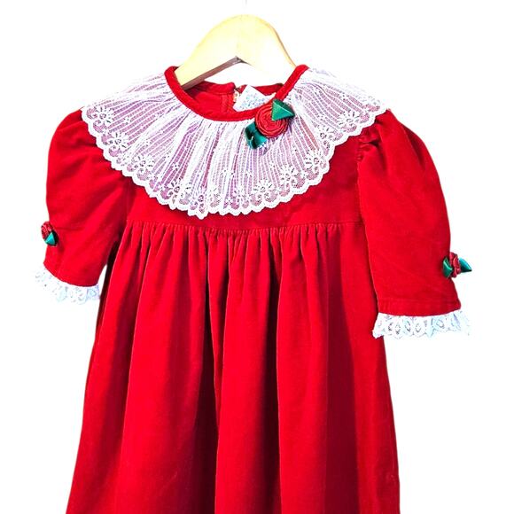 Vintage Toddler Christmas Dress Red Lace Collar Roses Size 4T Holiday Party - Picture 2 of 7